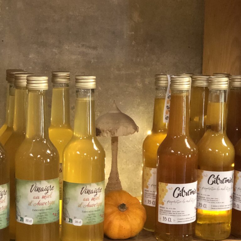 Bouteilles de Citromiel et du vinaigre au miel avec décorations d'automne